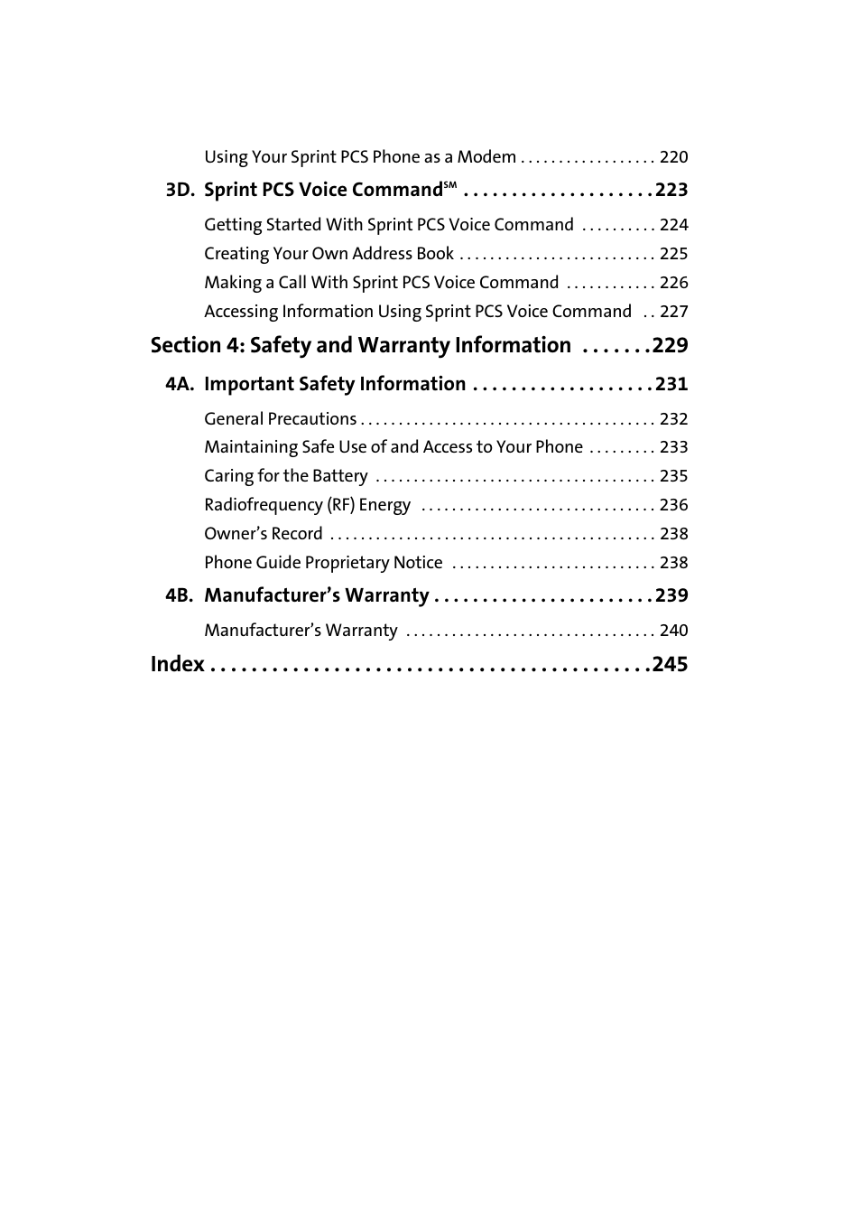 3d. sprint pcs voice commandsm 223, Section 4: safety and warranty information 229, 4a. important safety information 231 | 4b. manufacturer’s warranty 239, Index | TOA Electronics Sprint Power Vision A920 User Manual | Page 7 / 272