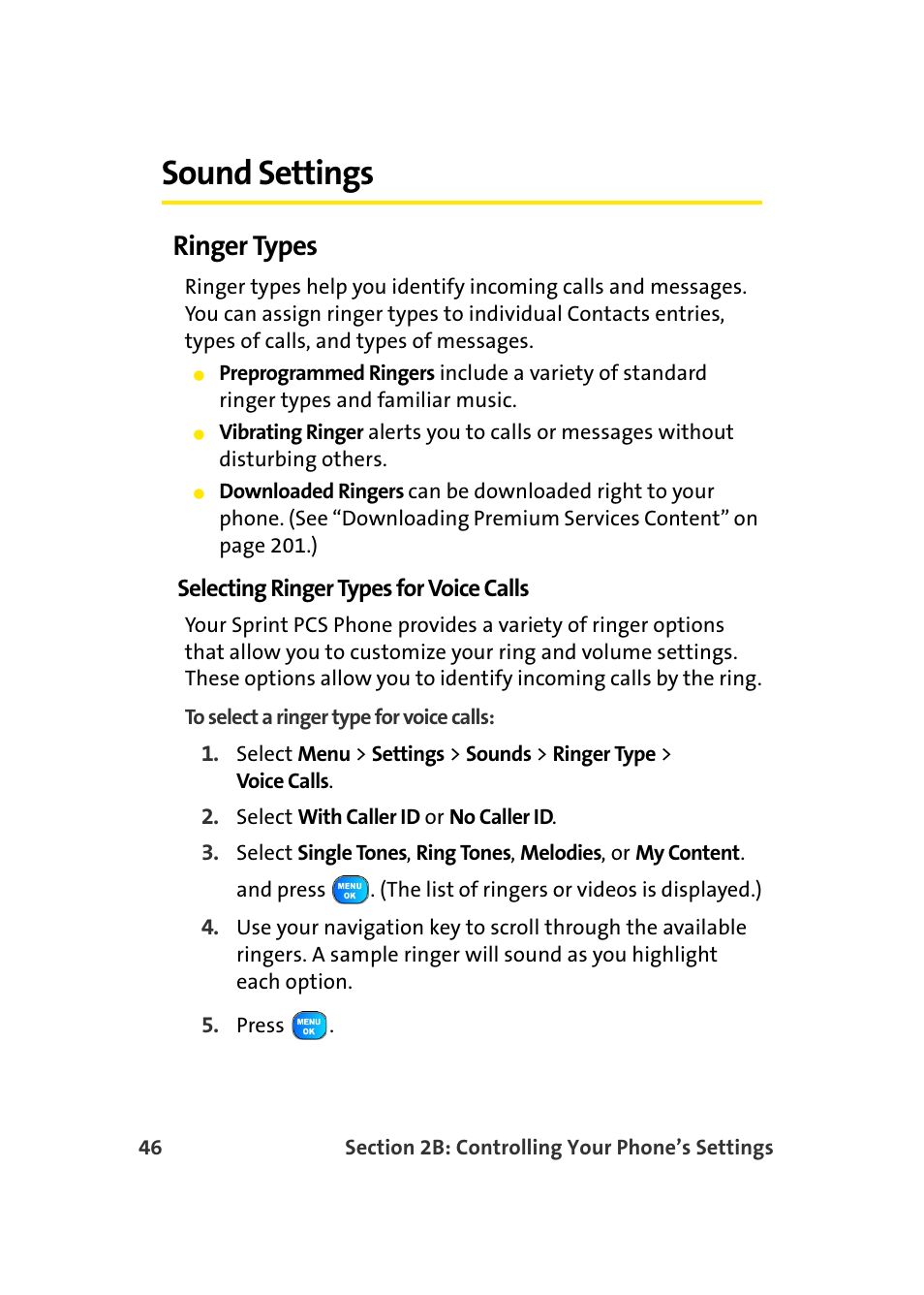 Sound settings, Ringer types | TOA Electronics Sprint Power Vision A920 User Manual | Page 70 / 272