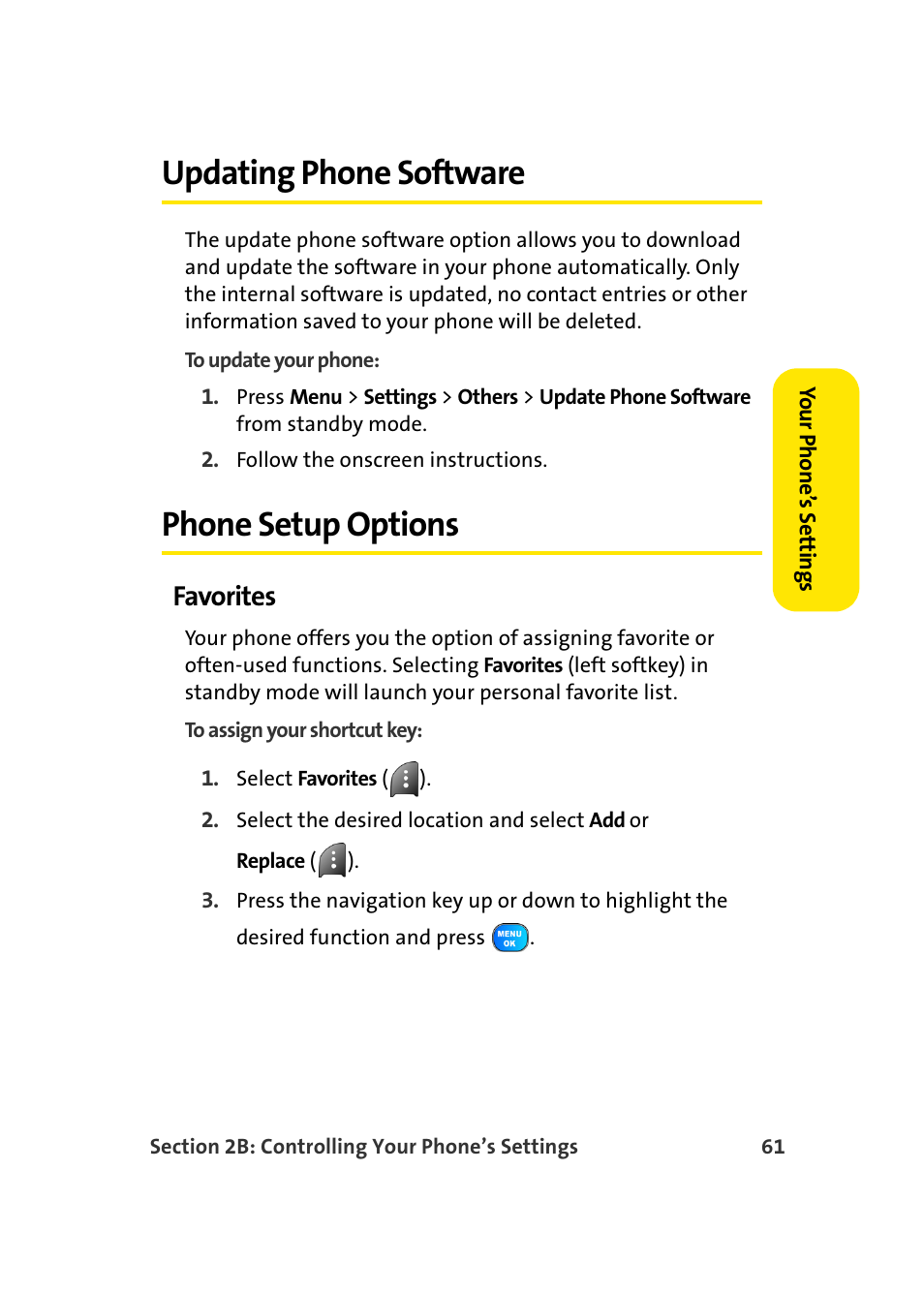 Updating phone software, Phone setup options, Favorites | TOA Electronics Sprint Power Vision A920 User Manual | Page 85 / 272