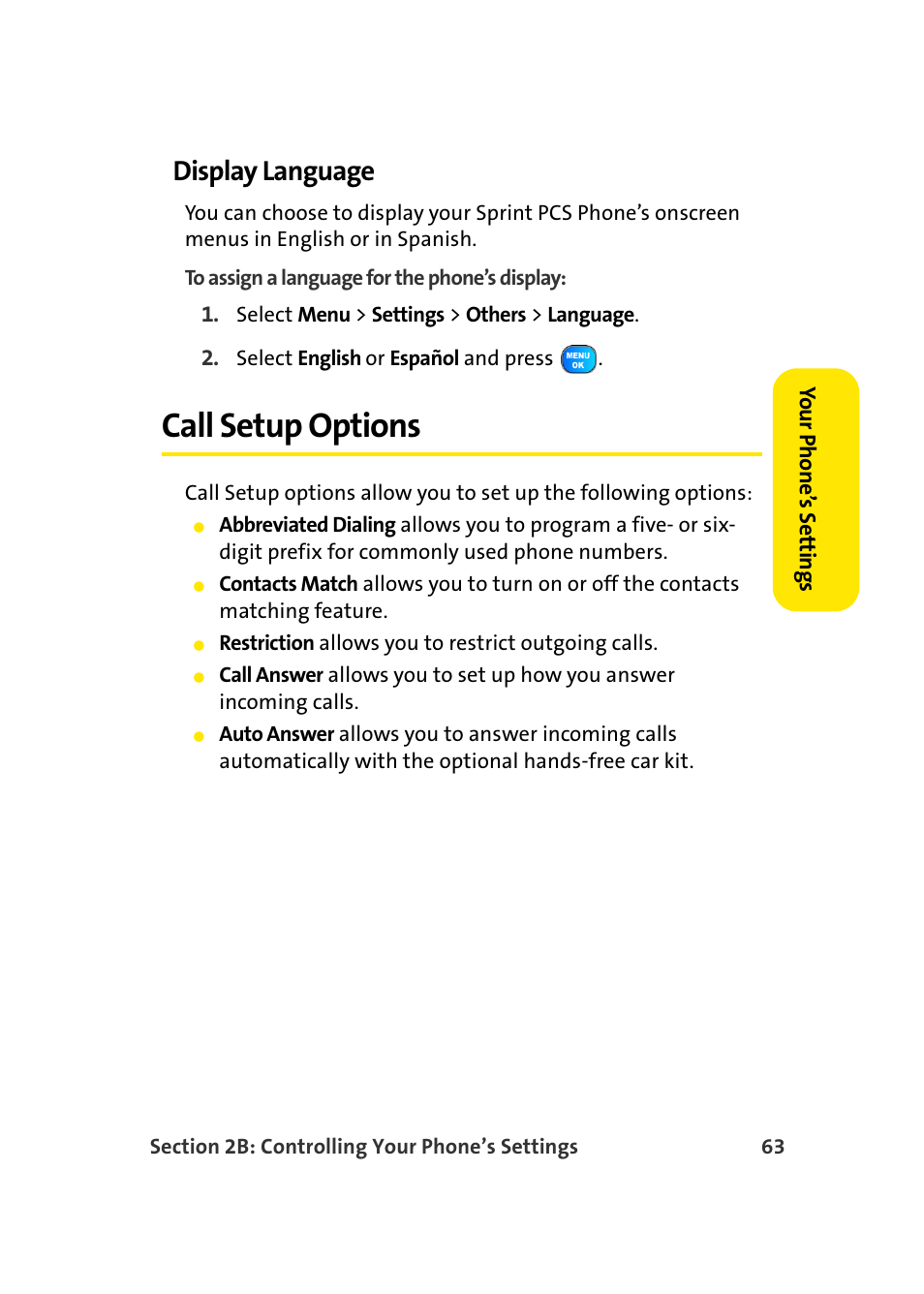 Display language, Call setup options | TOA Electronics Sprint Power Vision A920 User Manual | Page 87 / 272