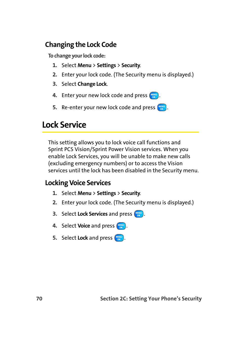 Changing the lock code, Lock service, Locking voice services | TOA Electronics Sprint Power Vision A920 User Manual | Page 94 / 272