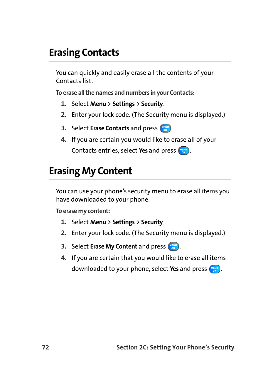Erasing contacts, Erasing my content | TOA Electronics Sprint Power Vision A920 User Manual | Page 96 / 272