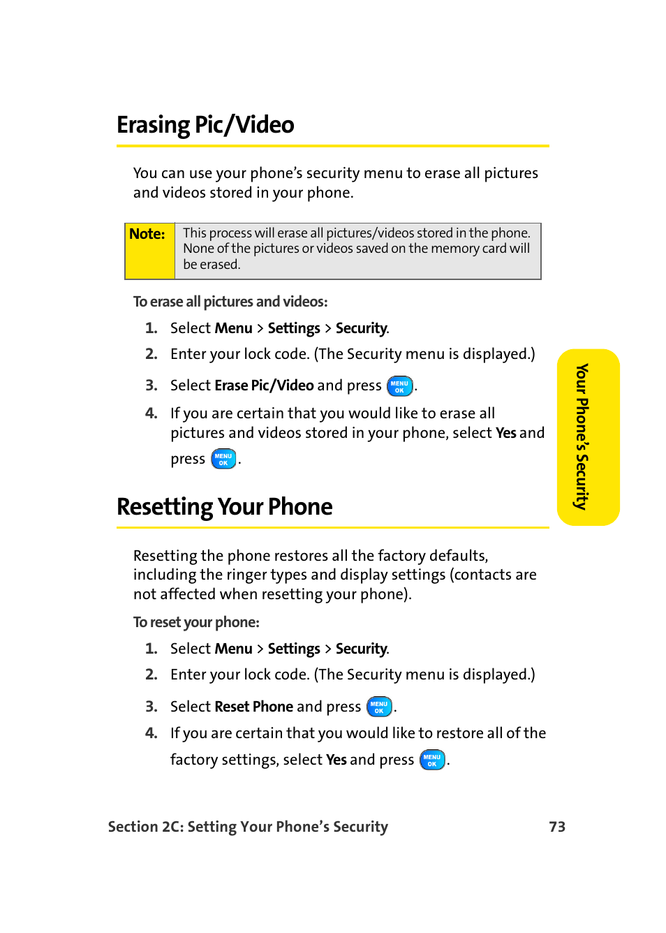 Erasing pic/video, Resetting your phone | TOA Electronics Sprint Power Vision A920 User Manual | Page 97 / 272