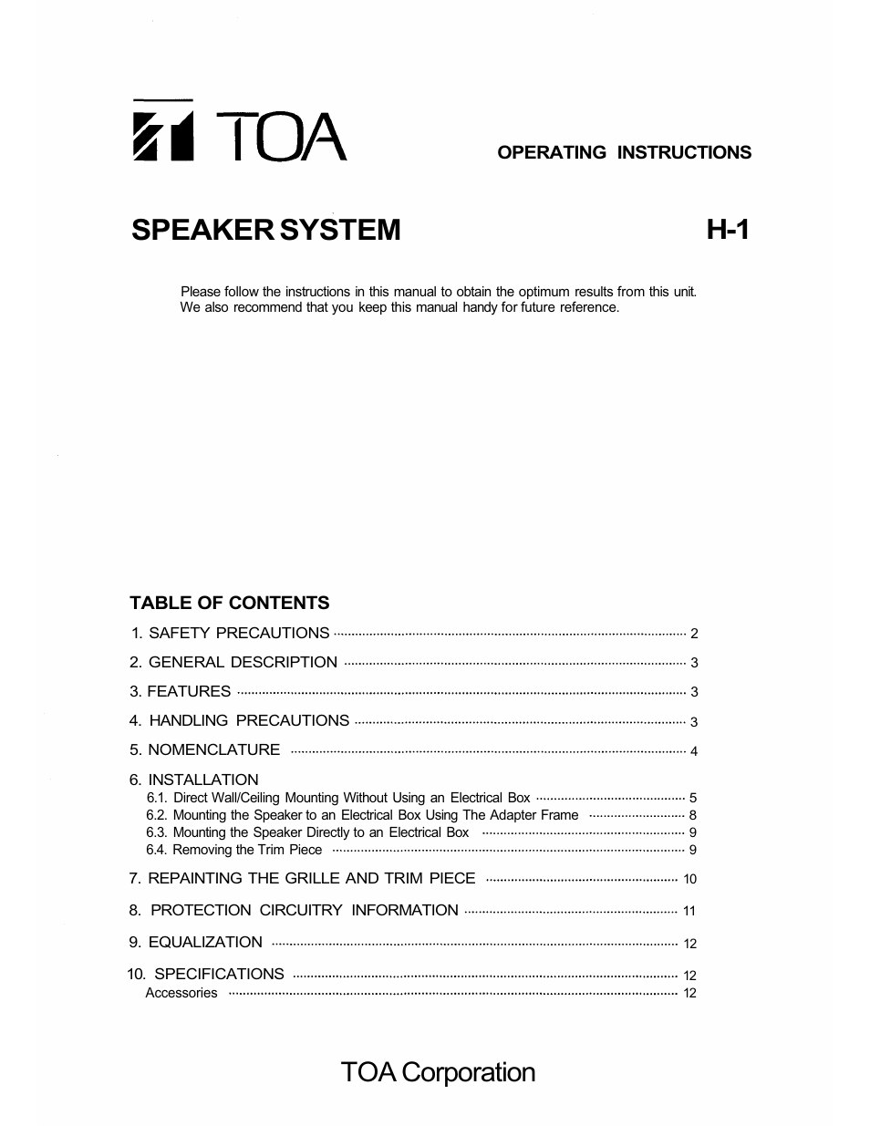 TOA Electronics H-1 User Manual | 12 pages