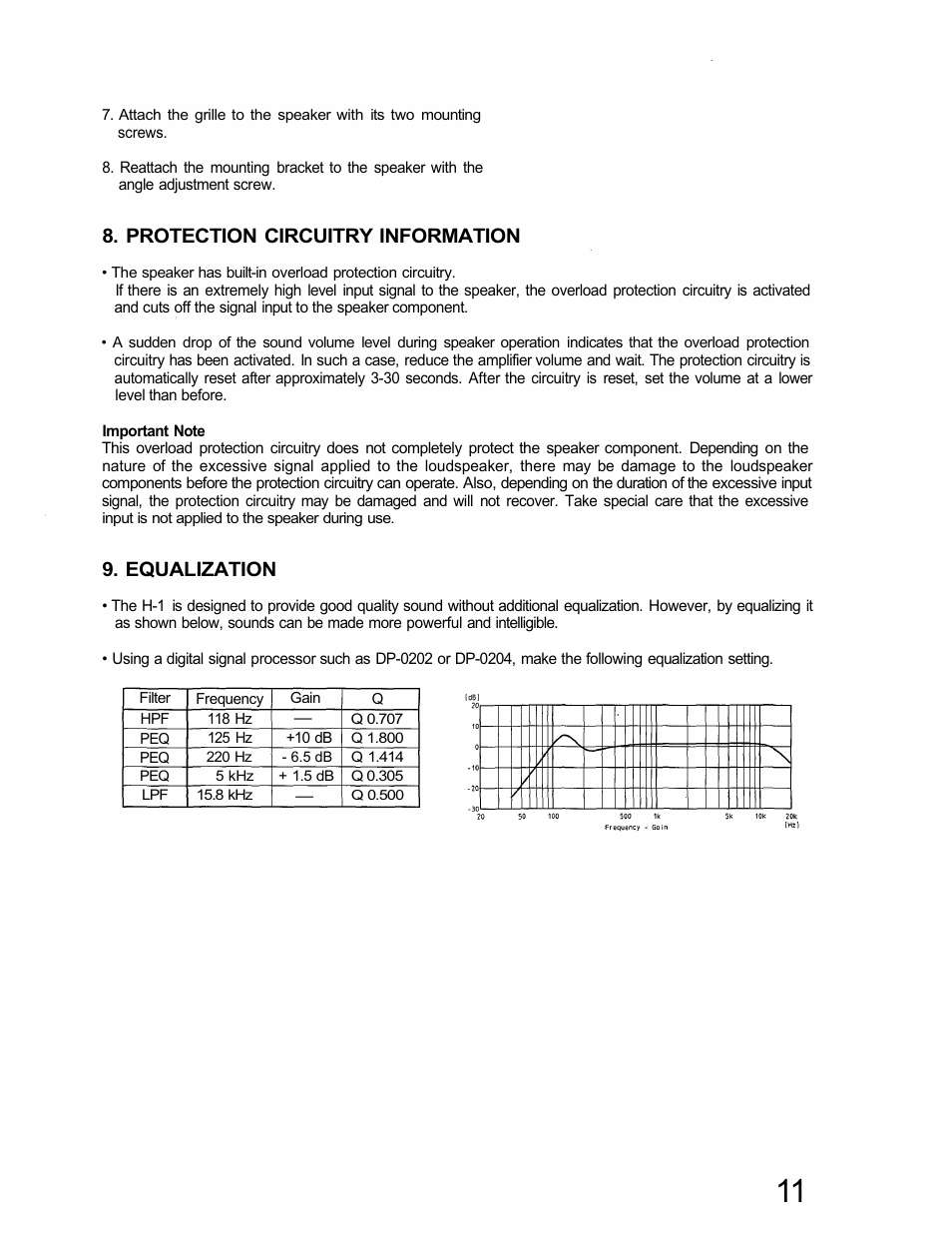 Protection circuitry information, Equalization | TOA Electronics H-1 User Manual | Page 11 / 12
