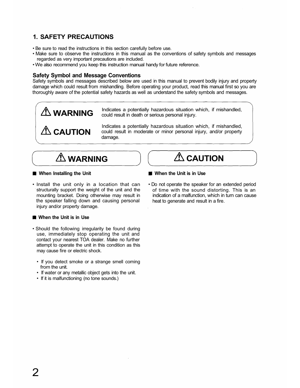 Warning caution warning caution | TOA Electronics H-1 User Manual | Page 2 / 12