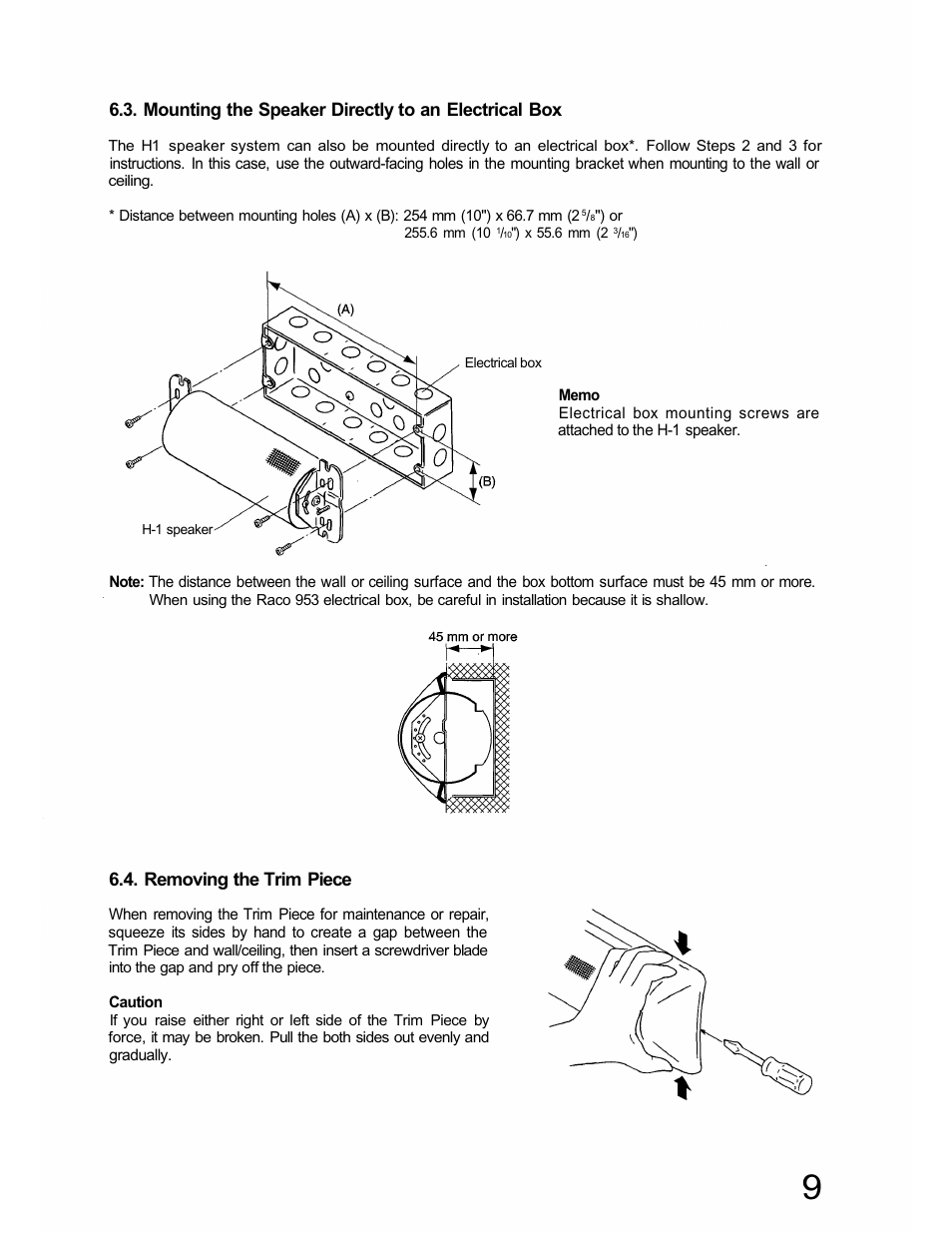 Mounting the speaker directly to an electrical box, Removing the trim piece | TOA Electronics H-1 User Manual | Page 9 / 12
