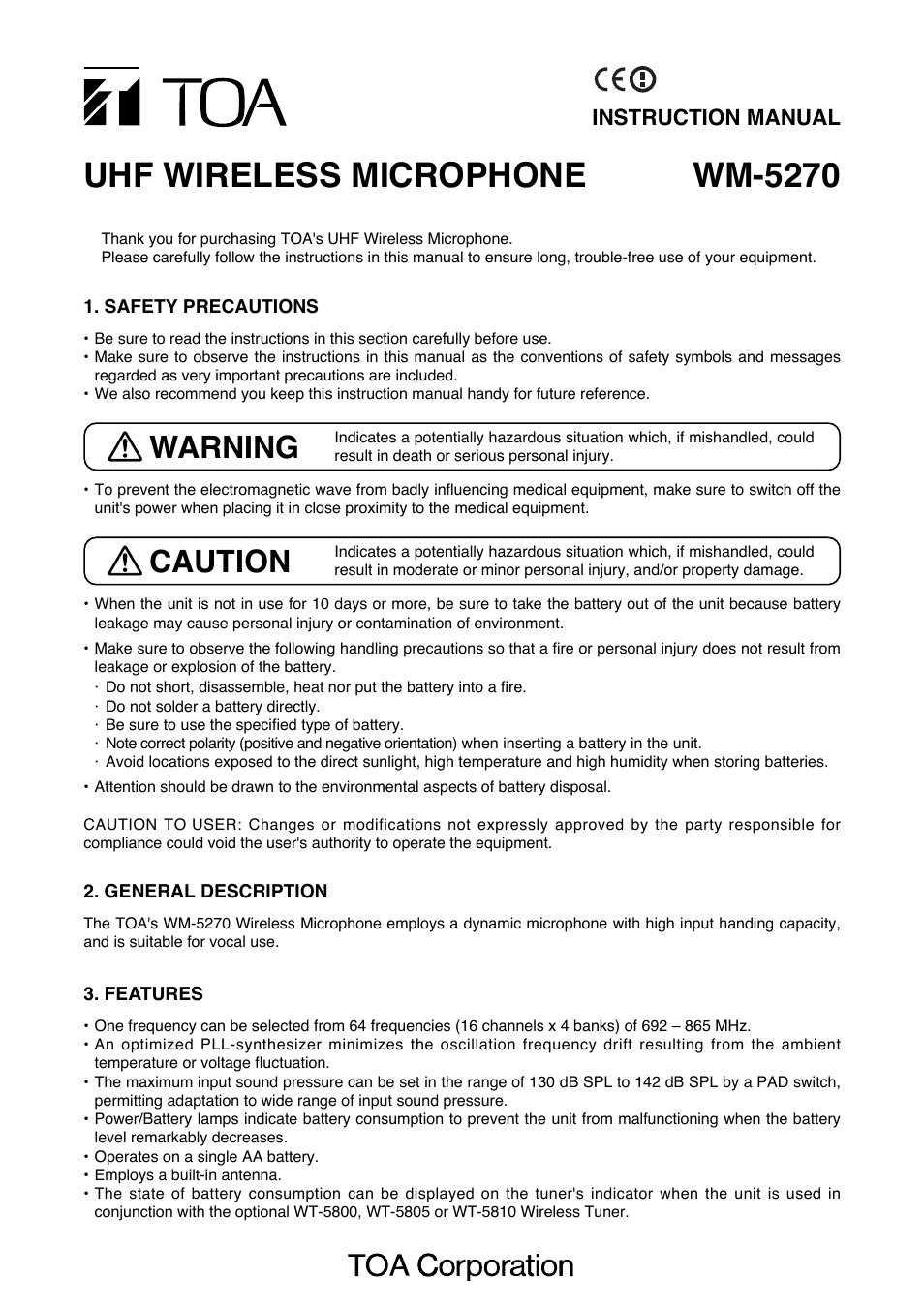 TOA Electronics WM-5270UHF User Manual | 4 pages