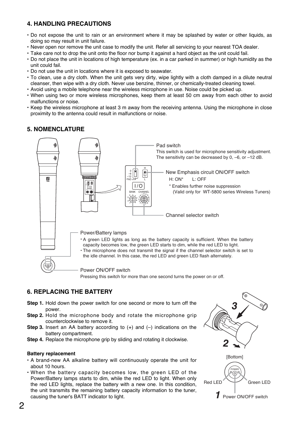 Replacing the battery, Handling precautions, Nomenclature | I / o, Power/battery lamps power on/off switch, Bottom] green led power on/off switch, Red led | TOA Electronics WM-5270UHF User Manual | Page 2 / 4