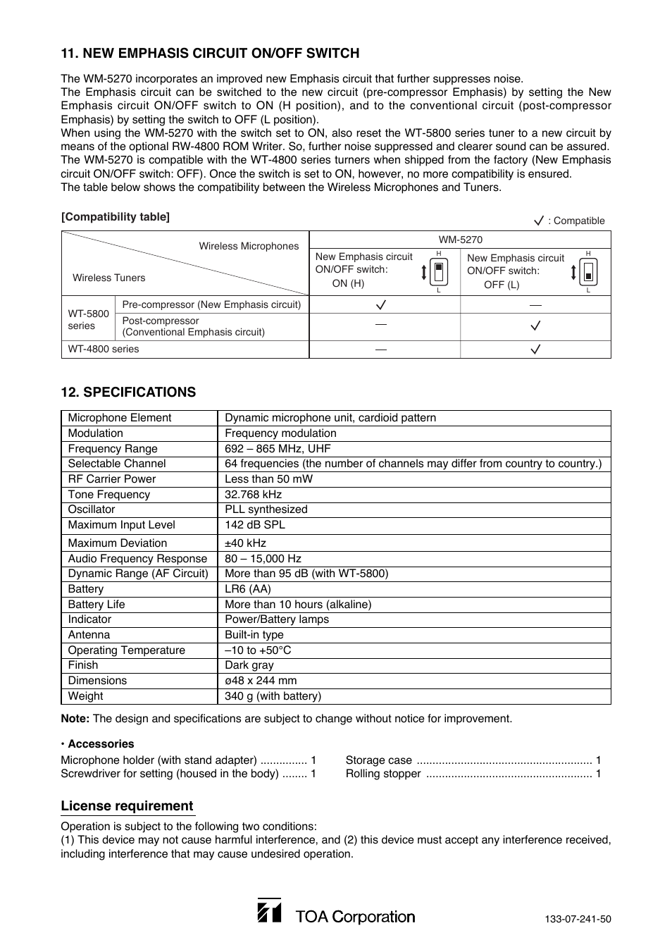 Specifications, License requirement, New emphasis circuit on/off switch | TOA Electronics WM-5270UHF User Manual | Page 4 / 4