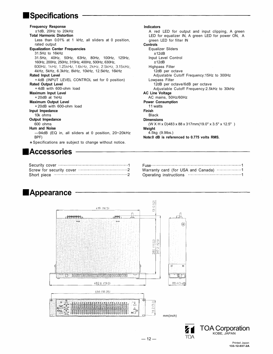 Specifications, Accessories, Appearance | Toa corporation | TOA Electronics 1000 Series User Manual | Page 12 / 12