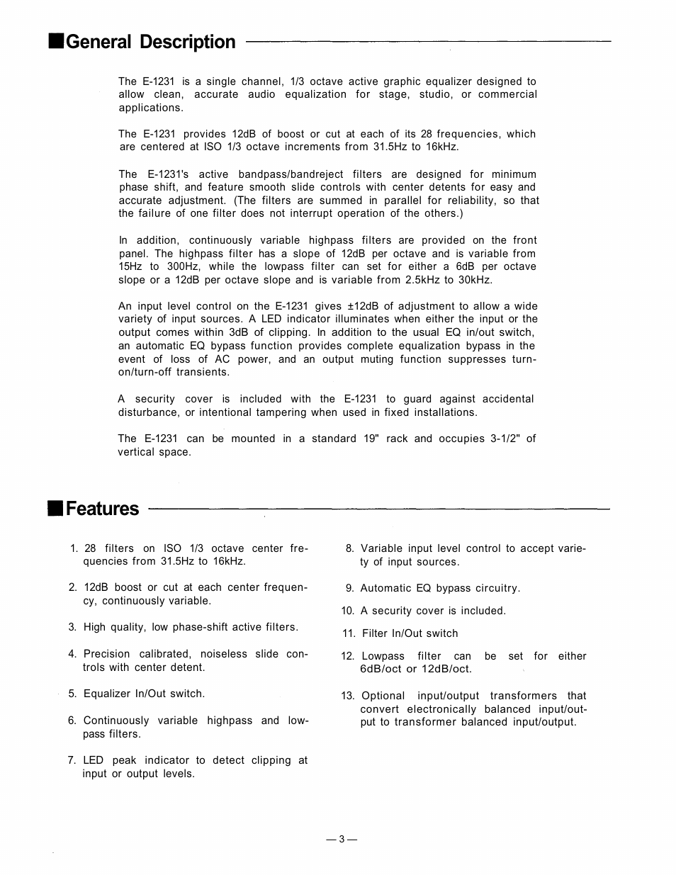 General description, Features | TOA Electronics 1000 Series User Manual | Page 3 / 12