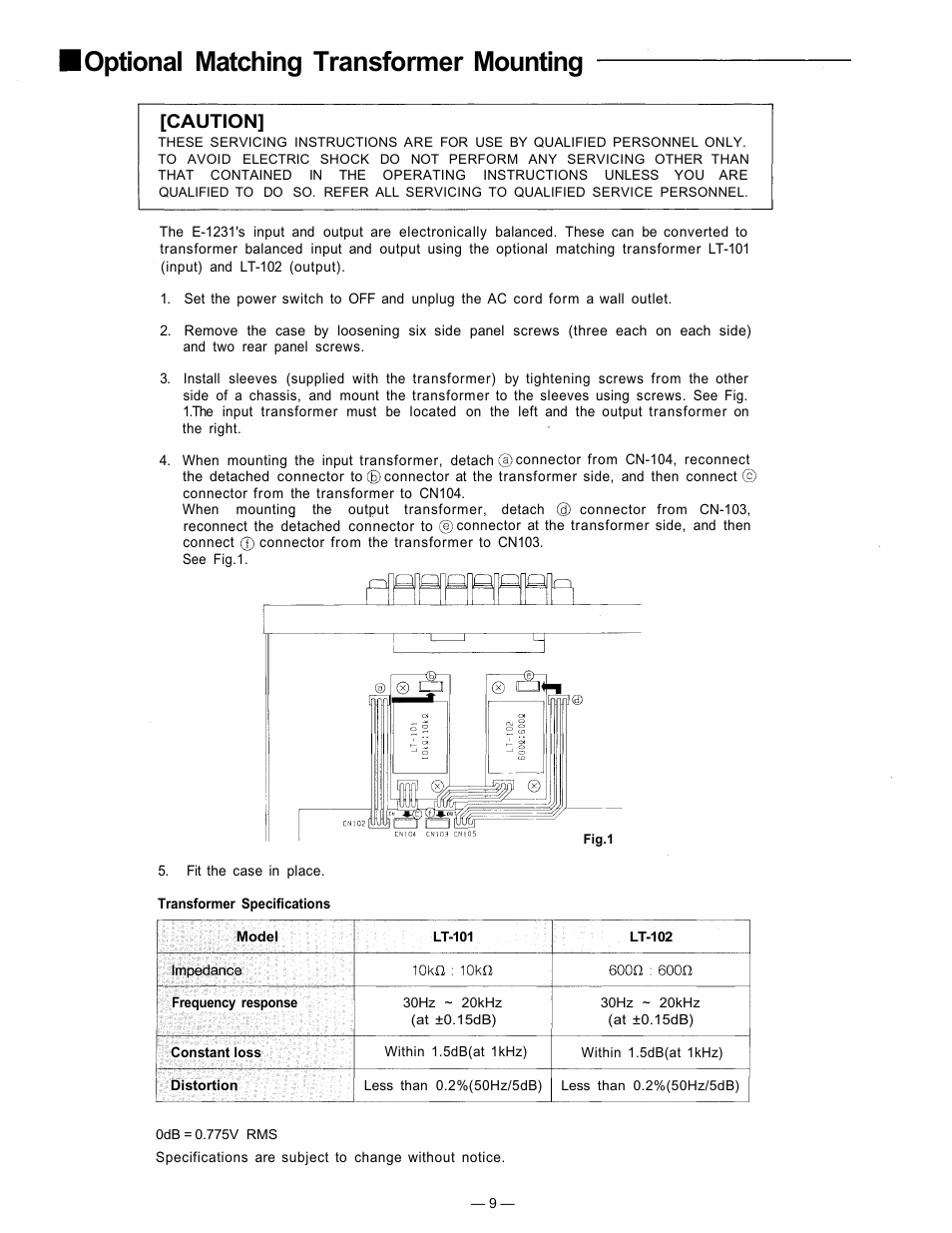 Optional matching transformer mounting, Caution | TOA Electronics 1000 Series User Manual | Page 9 / 12