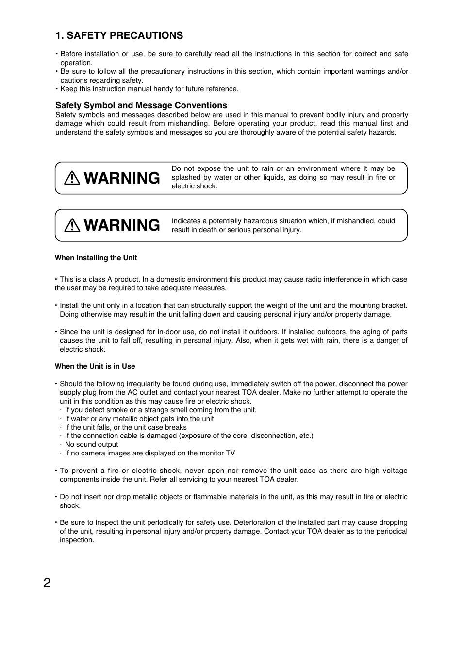 Warning, Safety precautions | TOA Electronics N-CC2360 User Manual | Page 2 / 20