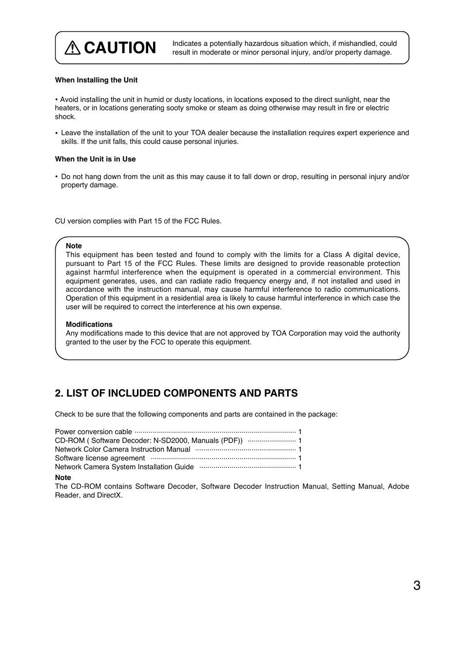 Caution, List of included components and parts | TOA Electronics N-CC2360 User Manual | Page 3 / 20
