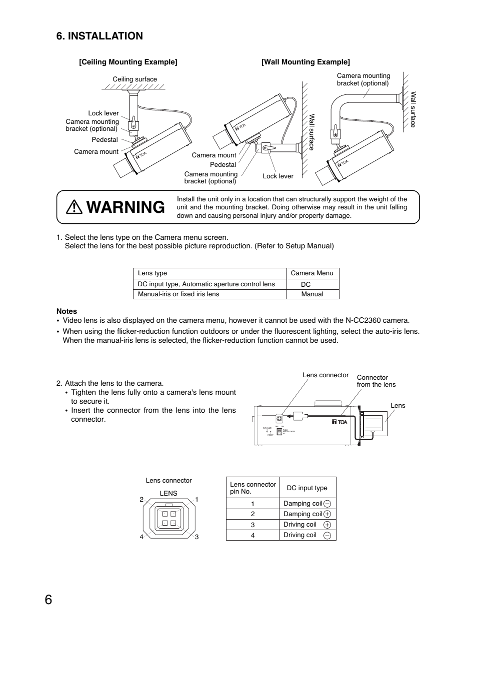 Warning, Installation | TOA Electronics N-CC2360 User Manual | Page 6 / 20