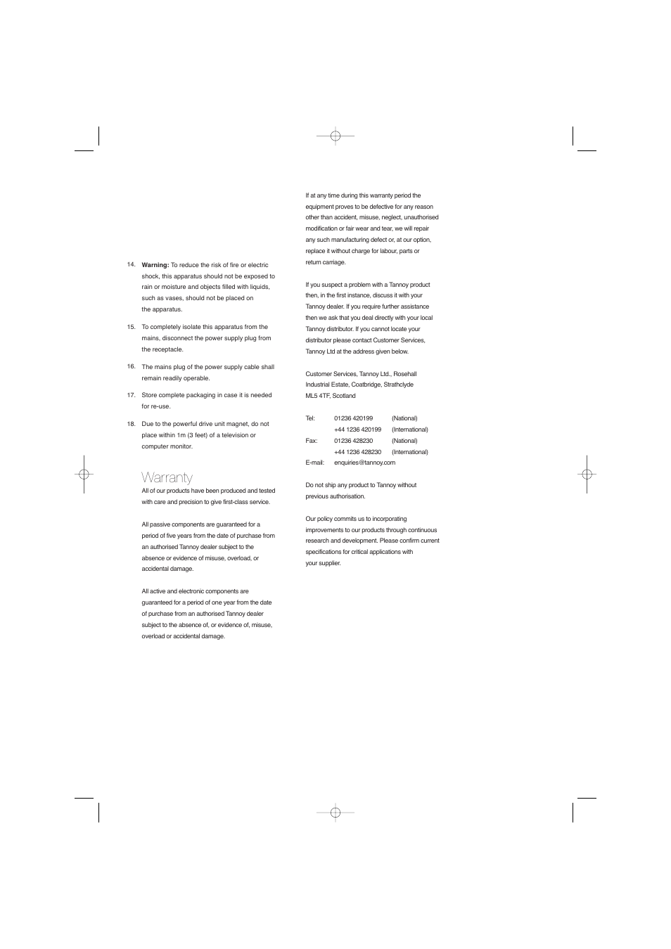 Warranty | TOA Electronics SFX5.1 User Manual | Page 3 / 8