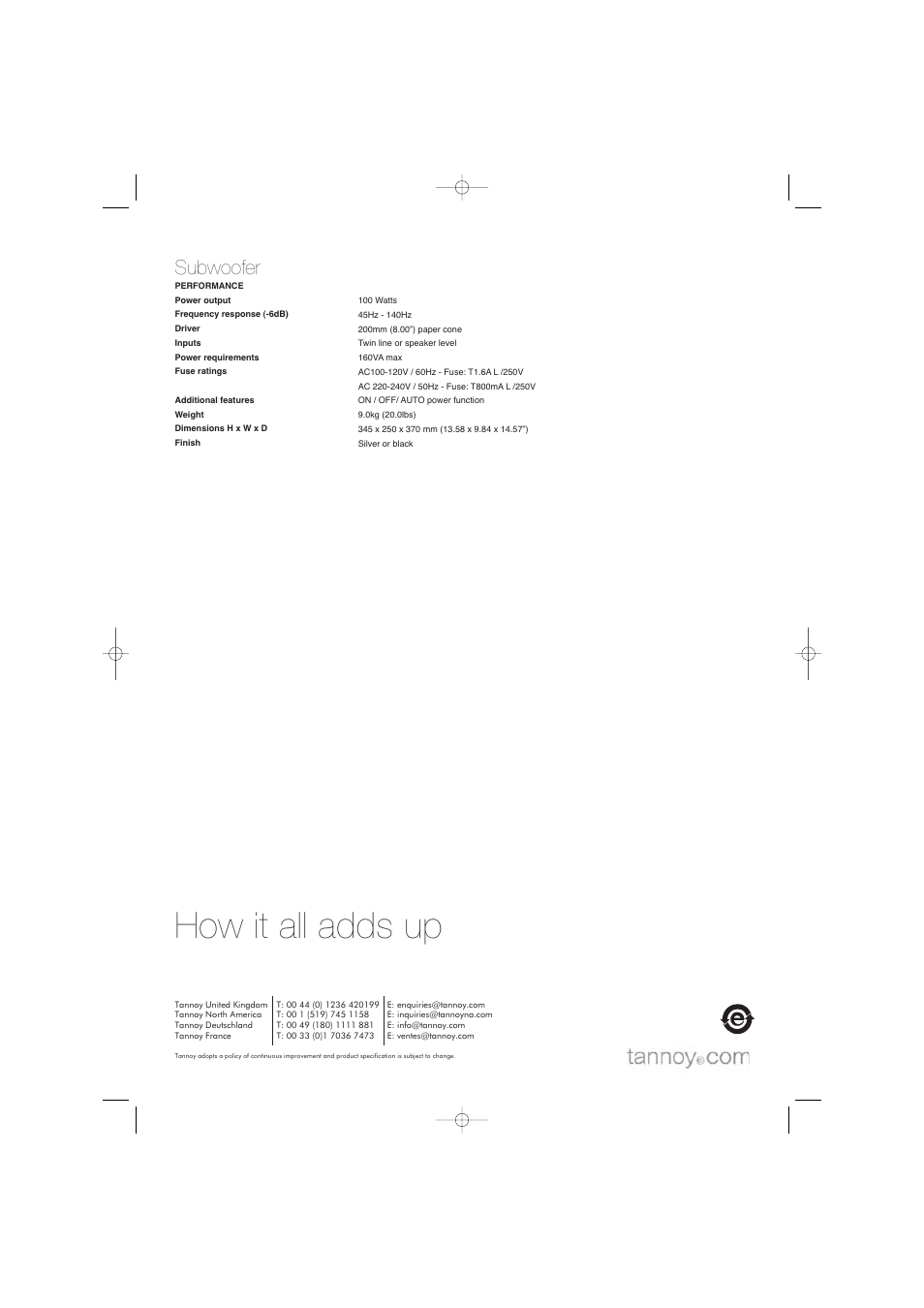 How it all adds up, Subwoofer | TOA Electronics SFX5.1 User Manual | Page 8 / 8