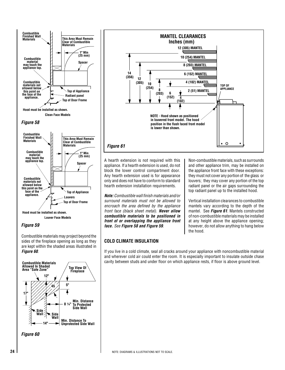 Mantel clearances inches (mm), Figure 59 figure 61 cold climate insulation, Figure 58 | Figure 60 | TOA Electronics DIRECT VENT 600 User Manual | Page 24 / 28