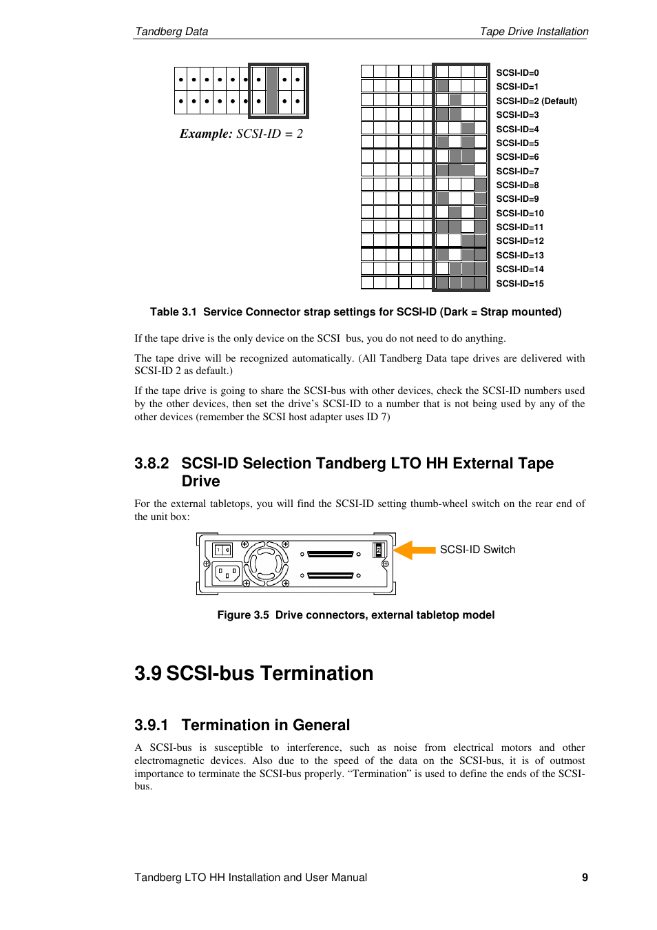 9 scsi-bus termination, 1 termination in general, Example: scsi-id = 2 | Tandberg Data LTO-2 HH User Manual | Page 13 / 40
