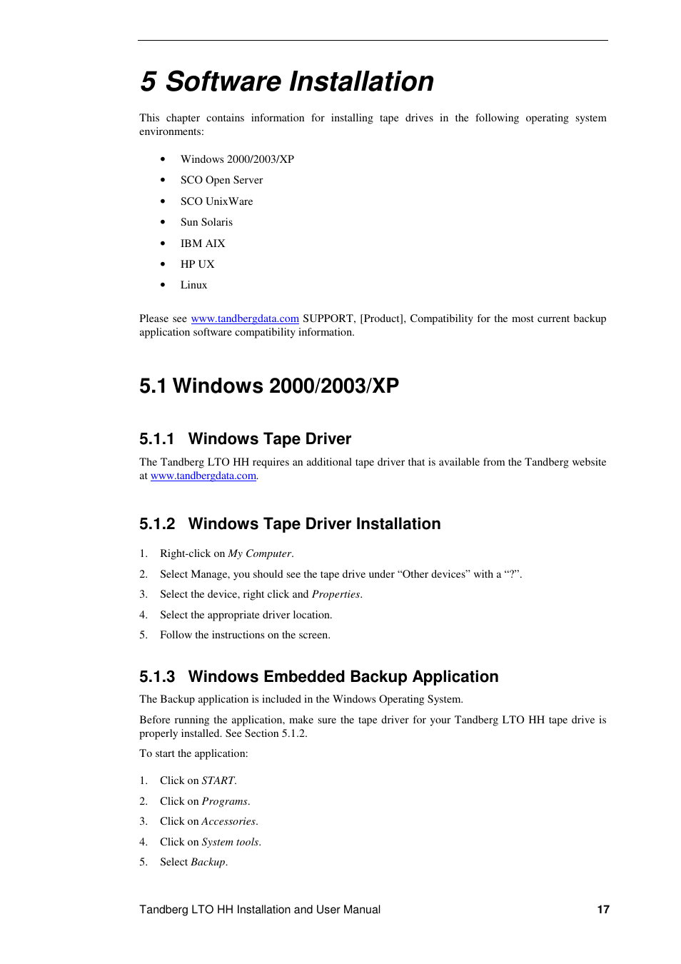 5 software installation, 1 windows tape driver, 2 windows tape driver installation | 3 windows embedded backup application | Tandberg Data LTO-2 HH User Manual | Page 21 / 40