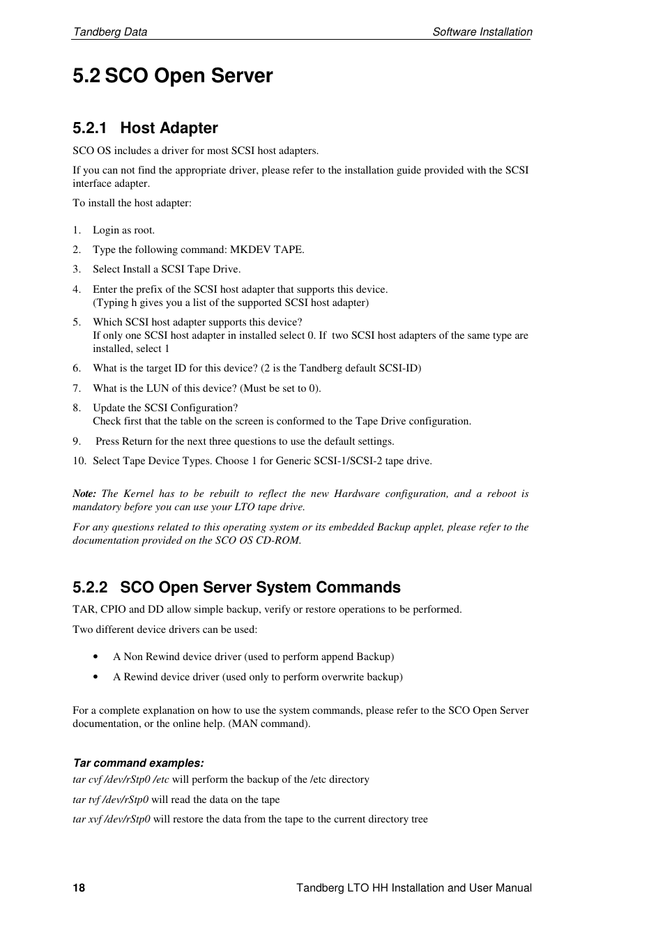 2 sco open server, 1 host adapter, 2 sco open server system commands | Tandberg Data LTO-2 HH User Manual | Page 22 / 40