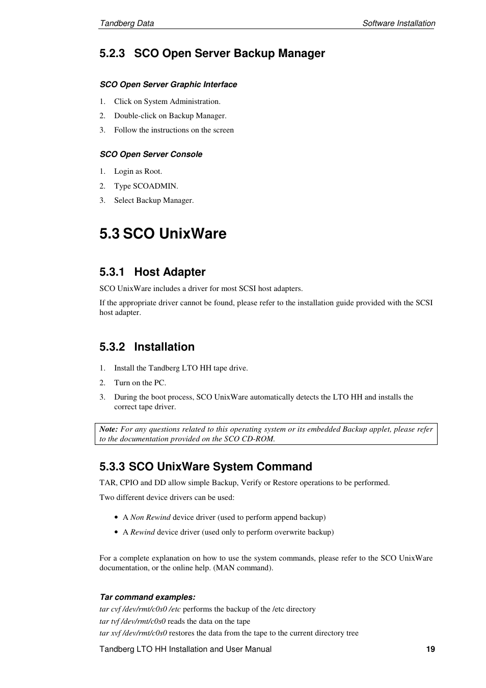 3 sco unixware, 3 sco open server backup manager, 1 host adapter | 2 installation, 3 sco unixware system command | Tandberg Data LTO-2 HH User Manual | Page 23 / 40