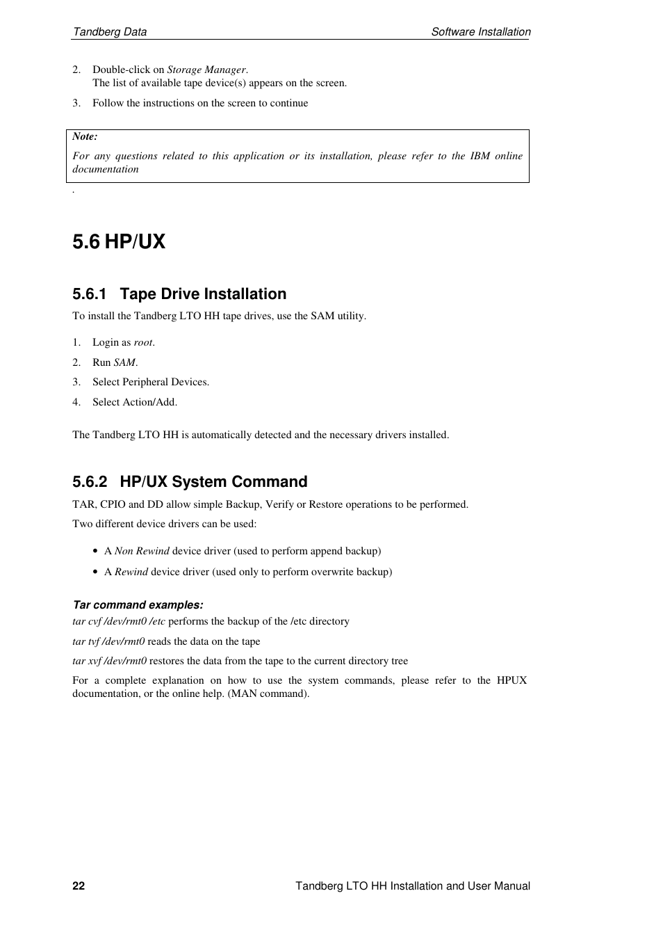 6 hp/ux, 1 tape drive installation, 2 hp/ux system command | Tandberg Data LTO-2 HH User Manual | Page 26 / 40