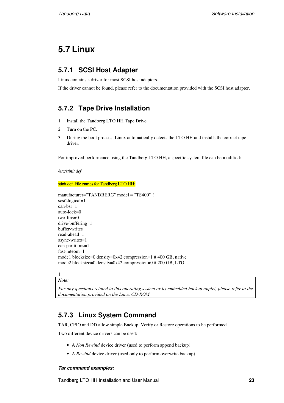 7 linux, 1 scsi host adapter, 2 tape drive installation | 3 linux system command | Tandberg Data LTO-2 HH User Manual | Page 27 / 40