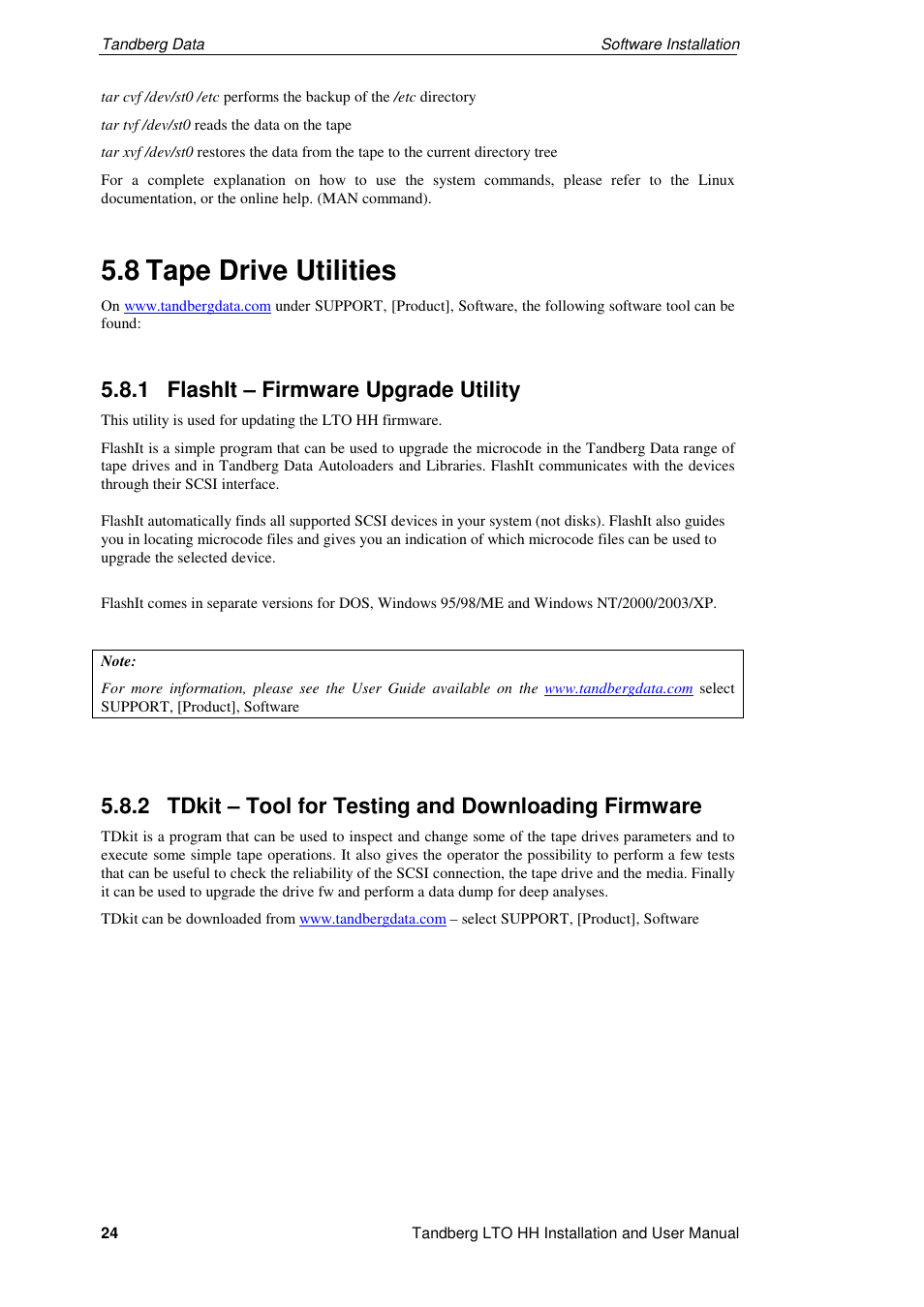 8 tape drive utilities, 1 flashit – firmware upgrade utility | Tandberg Data LTO-2 HH User Manual | Page 28 / 40