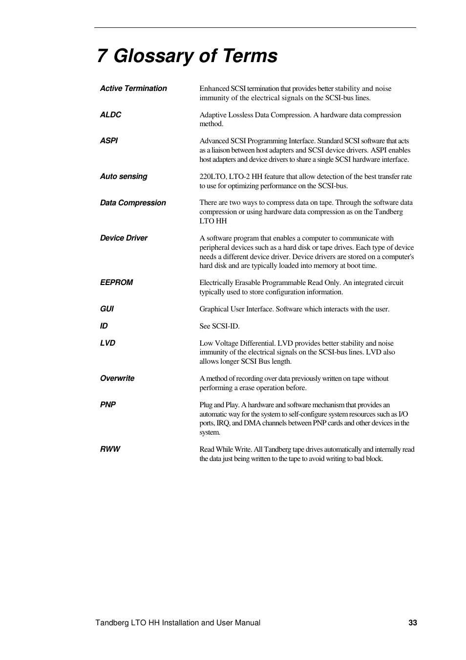 7 glossary of terms | Tandberg Data LTO-2 HH User Manual | Page 37 / 40