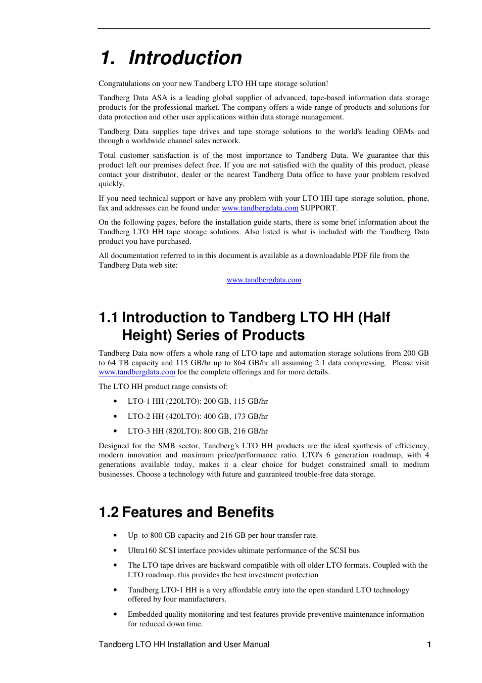 Introduction, 2 features and benefits | Tandberg Data LTO-2 HH User Manual | Page 5 / 40