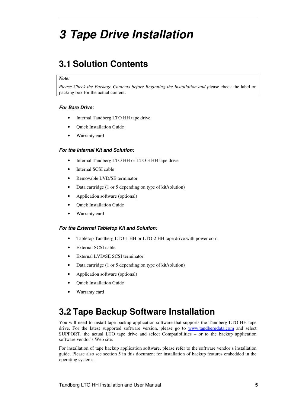 3 tape drive installation, 1 solution contents, 2 tape backup software installation | Tandberg Data LTO-2 HH User Manual | Page 9 / 40