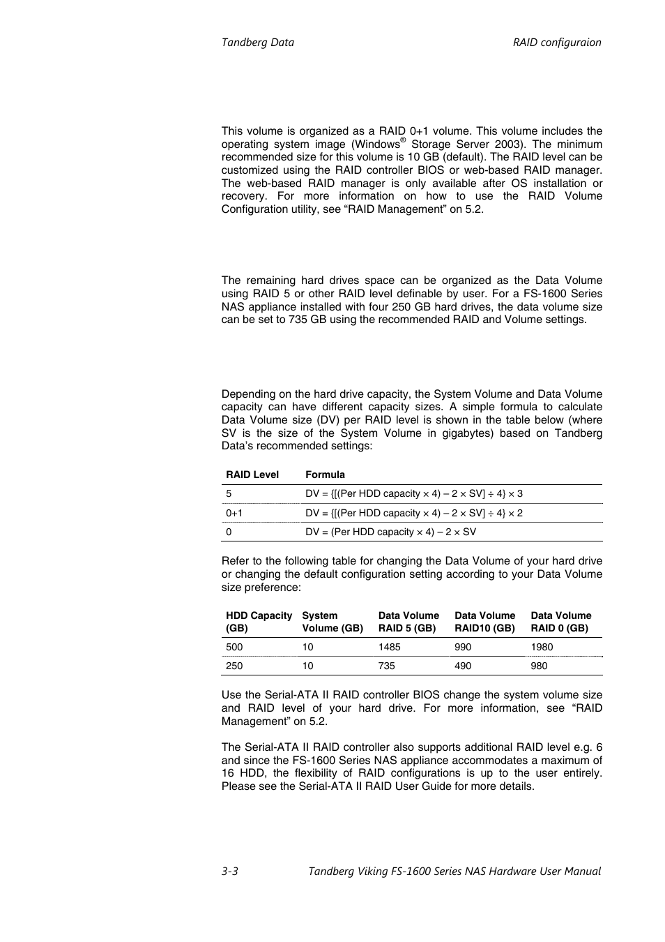 Raid volume calculation, System volume (sv), Data volume (dv) | Tandberg Data FS-1610 User Manual | Page 27 / 53