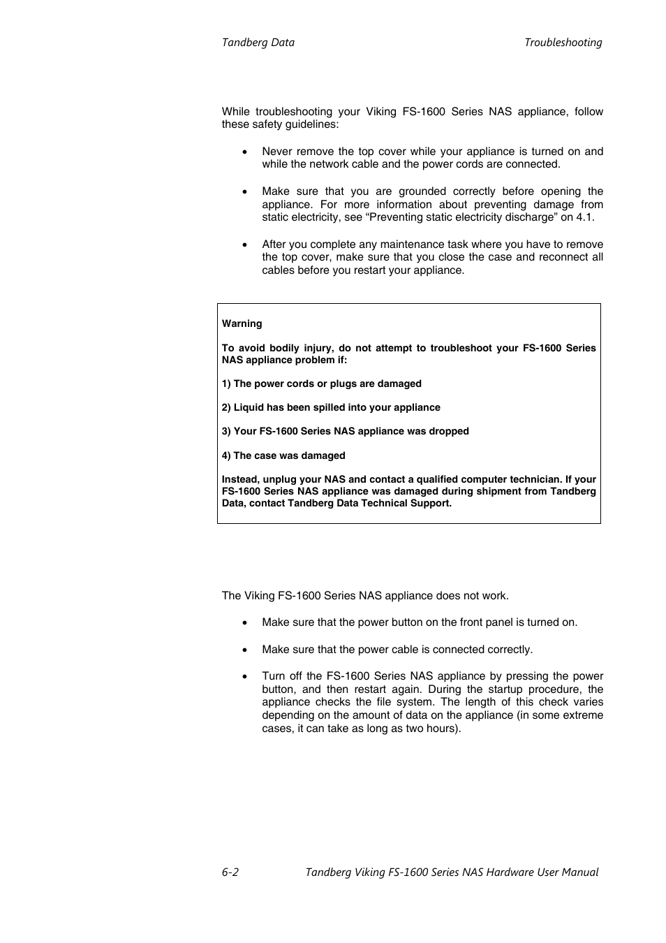 Safety guidelines, Troubleshooting steps | Tandberg Data FS-1610 User Manual | Page 44 / 53