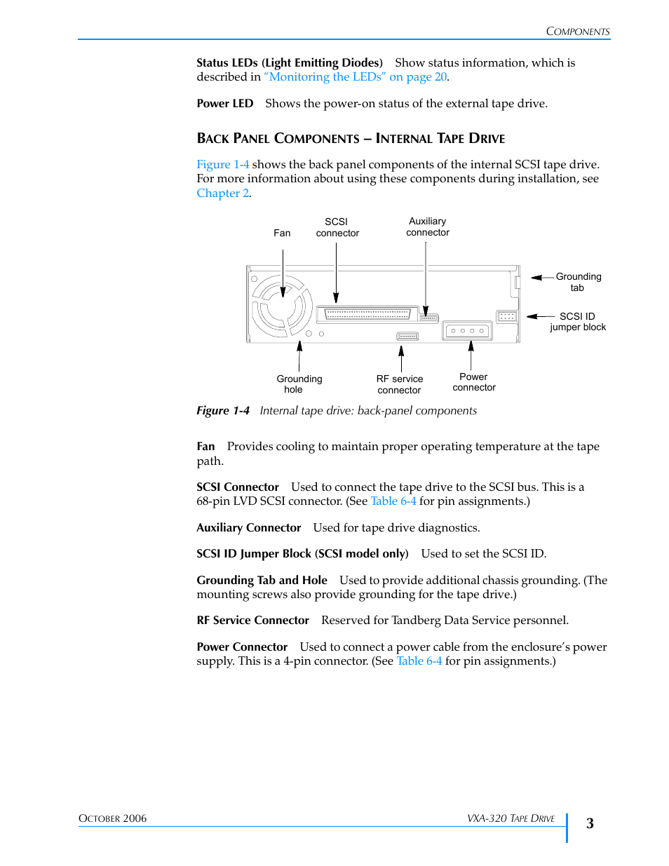 Back panel components - internal tape drive, Back panel components – internal tape drive, Figure 1-4 | Tandberg Data VXA-320 (VXA-3) User Manual | Page 17 / 90