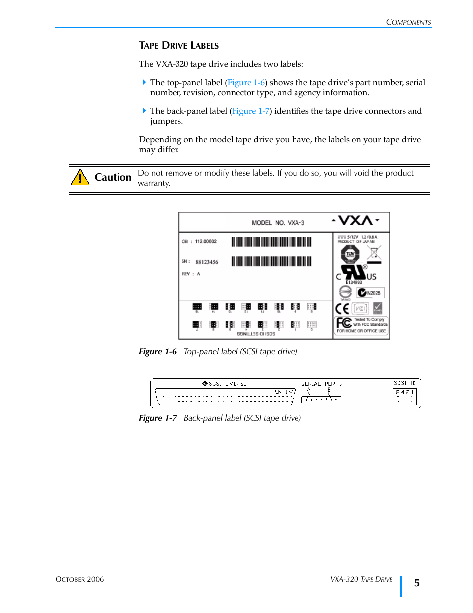 Tape drive labels, Figure 1-6, Figure 1-7 | Caution | Tandberg Data VXA-320 (VXA-3) User Manual | Page 19 / 90