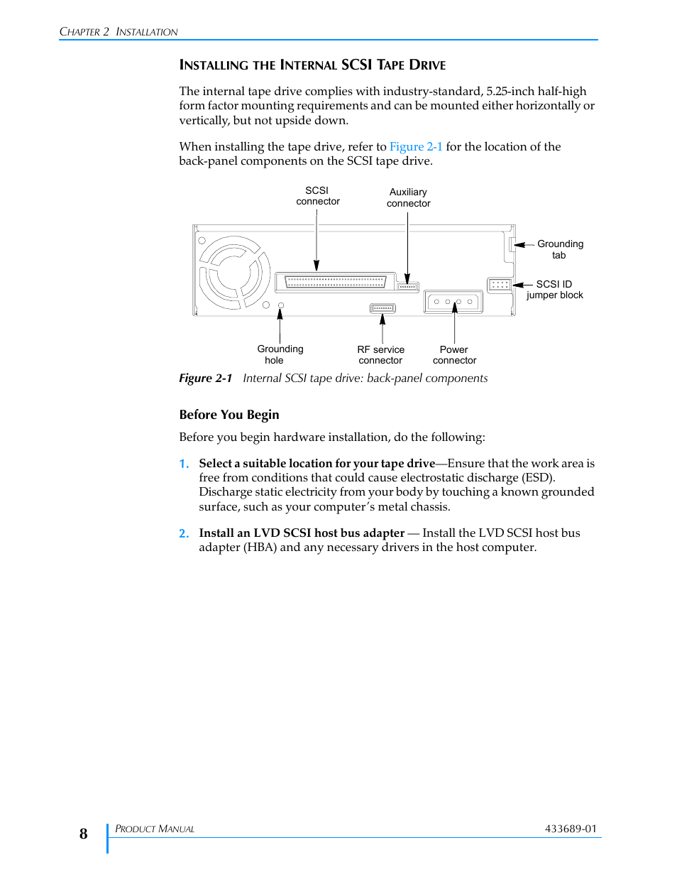 Installing the internal scsi tape drive, Figure 2-1, Read | Installing the, Scsi t | Tandberg Data VXA-320 (VXA-3) User Manual | Page 22 / 90