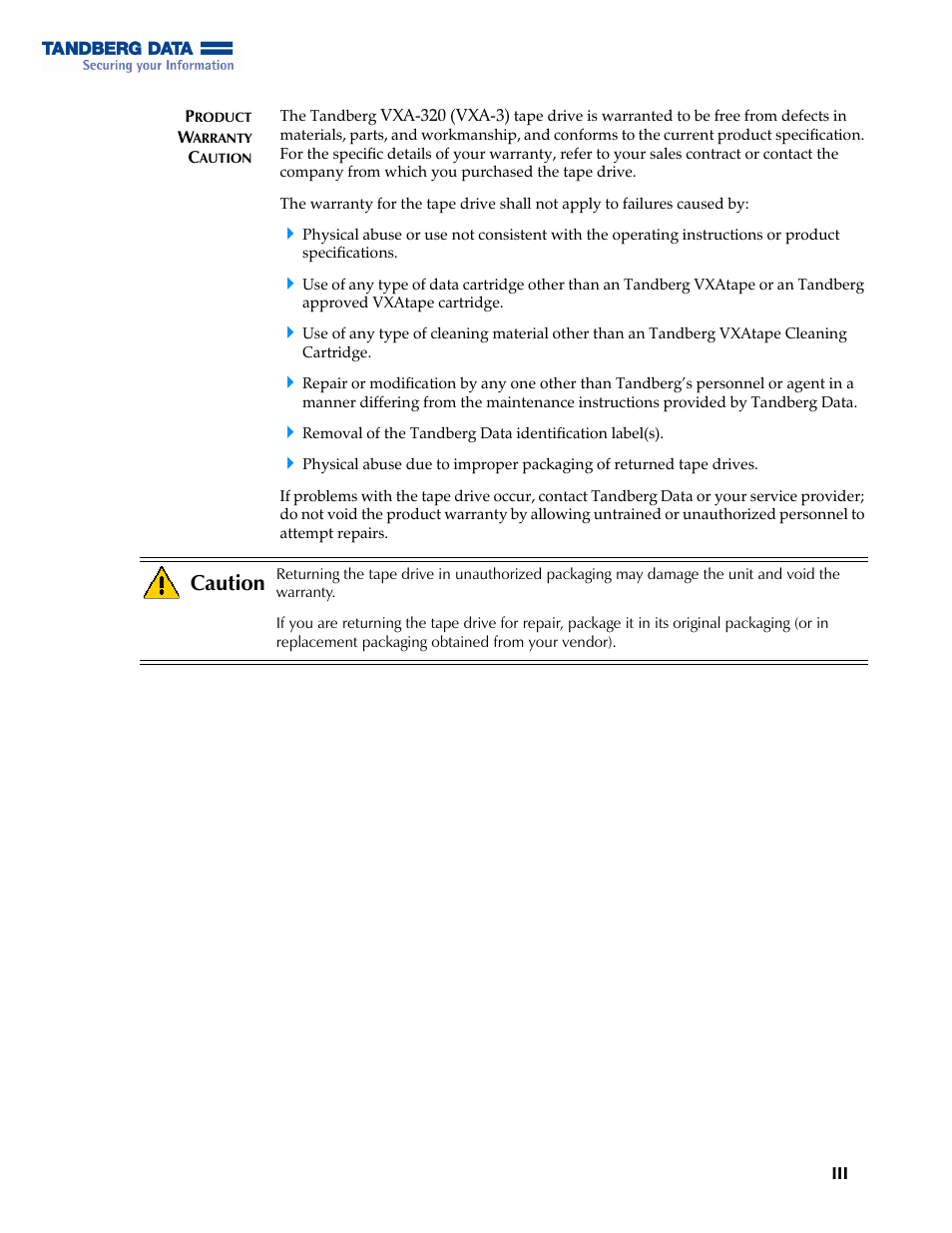 Caution | Tandberg Data VXA-320 (VXA-3) User Manual | Page 3 / 90