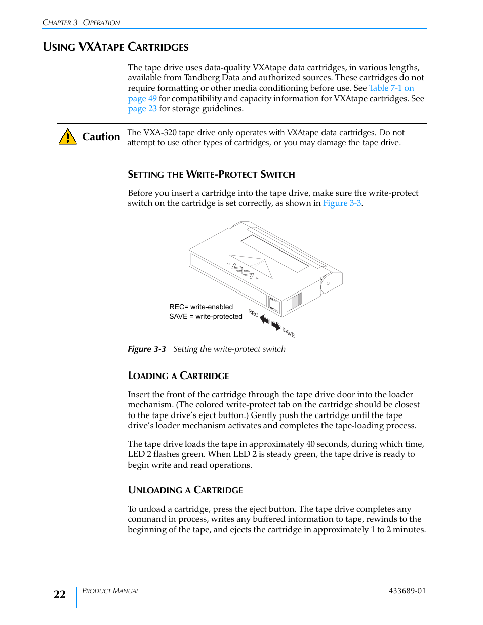 Using vxatape cartridges, Setting the write-protect switch, Loading a cartridge | Unloading a cartridge, Figure 3-3, Caution | Tandberg Data VXA-320 (VXA-3) User Manual | Page 36 / 90