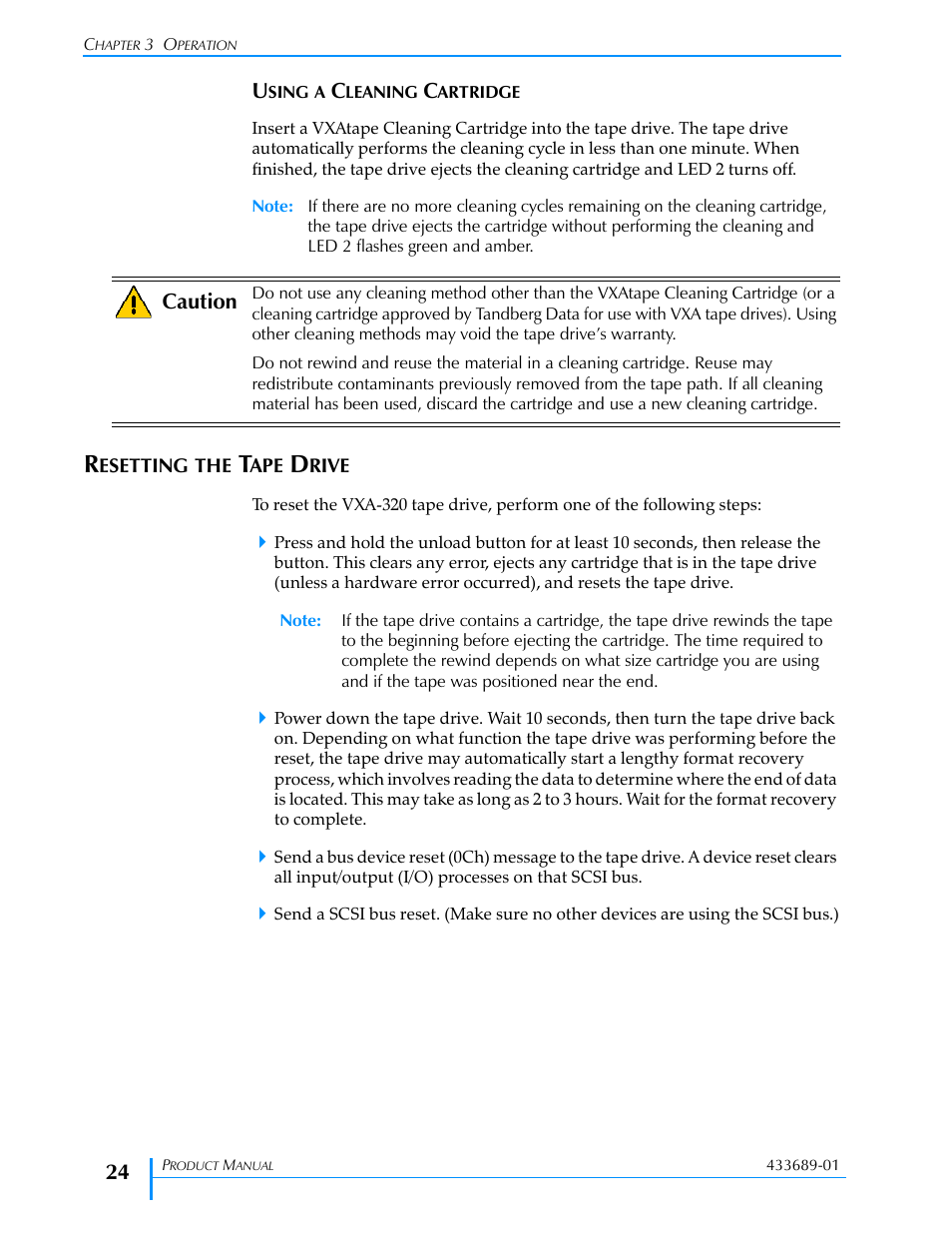 Using a cleaning cartridge, Resetting the tape drive | Tandberg Data VXA-320 (VXA-3) User Manual | Page 38 / 90