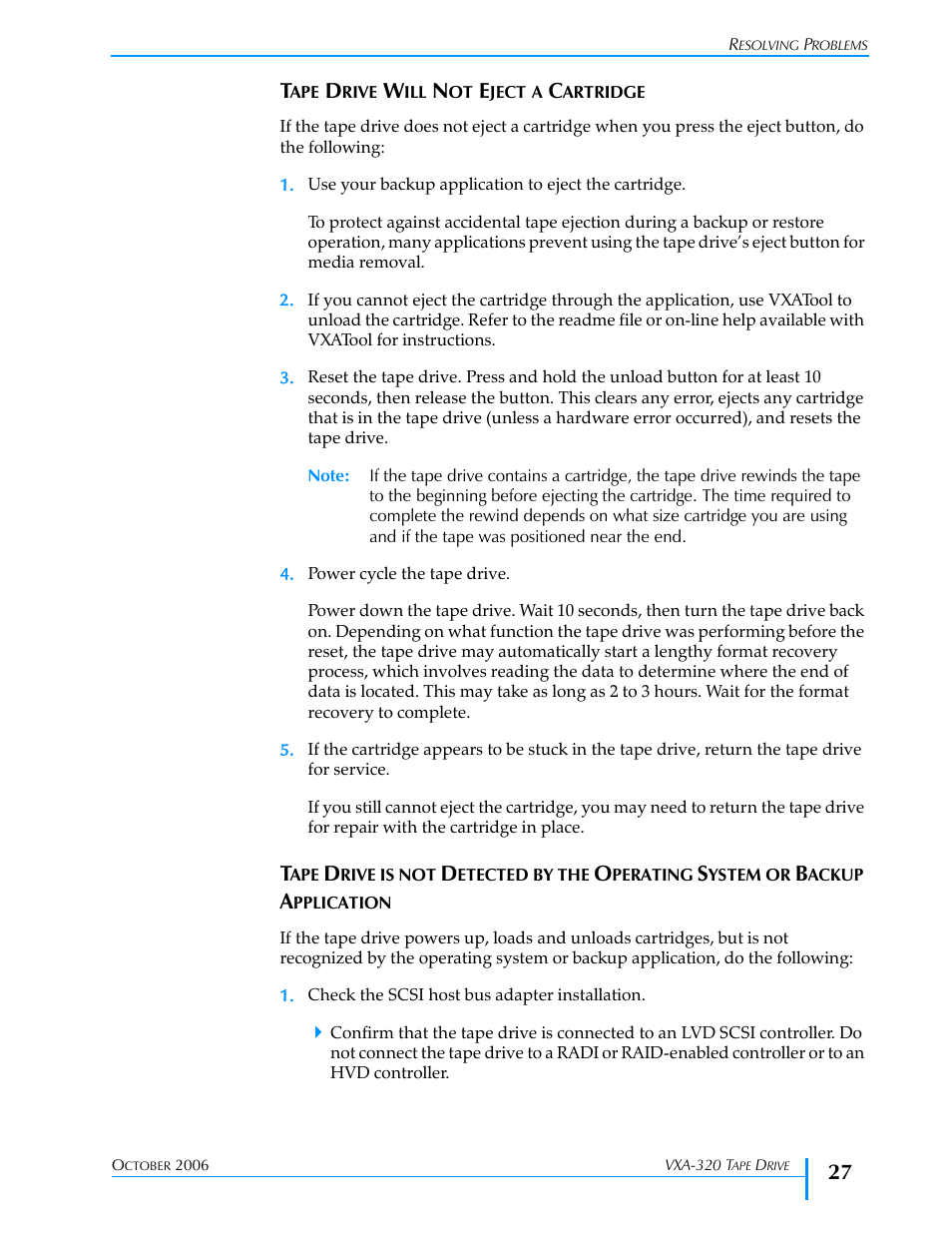 Tape drive will not eject a cartridge, Application | Tandberg Data VXA-320 (VXA-3) User Manual | Page 41 / 90