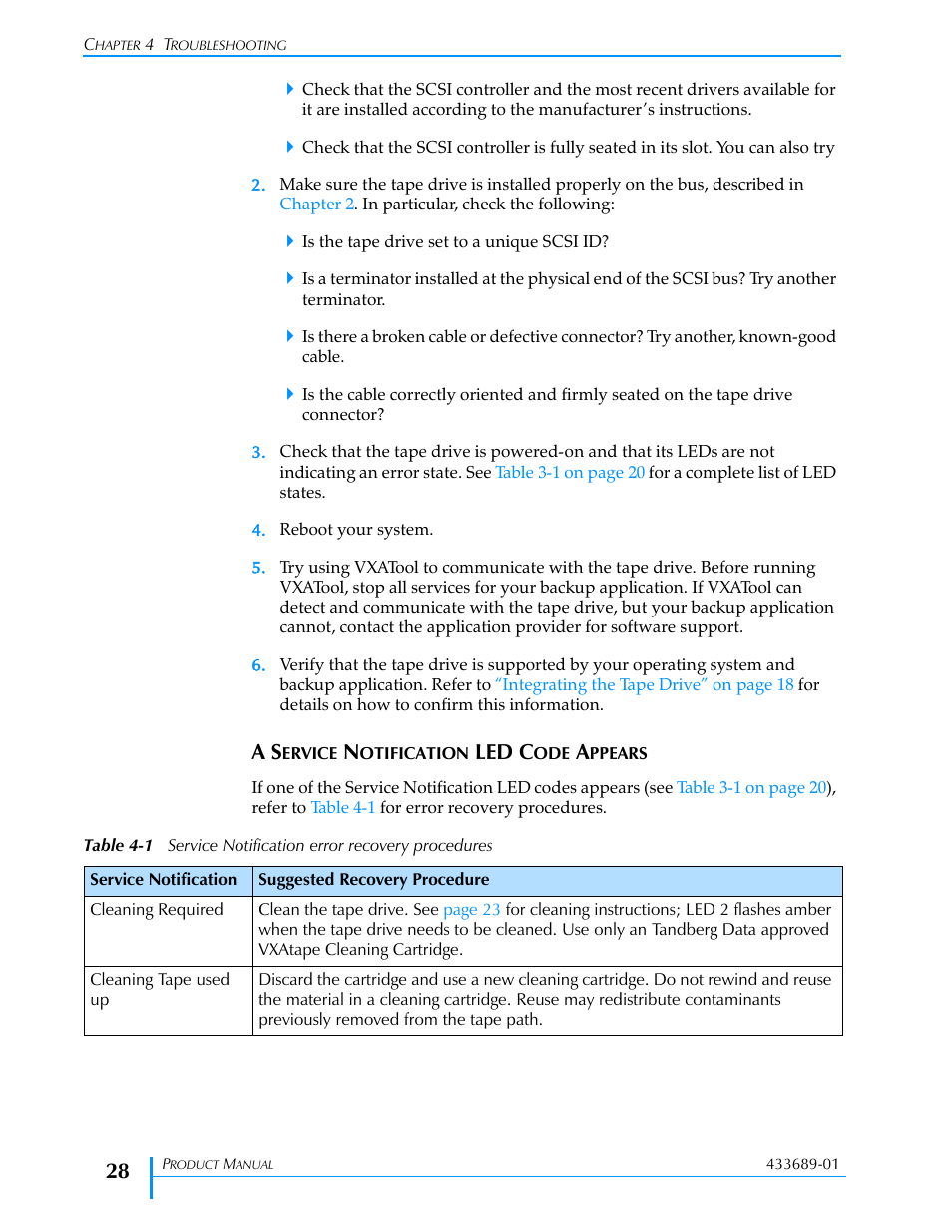 A service notification led code appears, Table 4-1, Led c | Tandberg Data VXA-320 (VXA-3) User Manual | Page 42 / 90