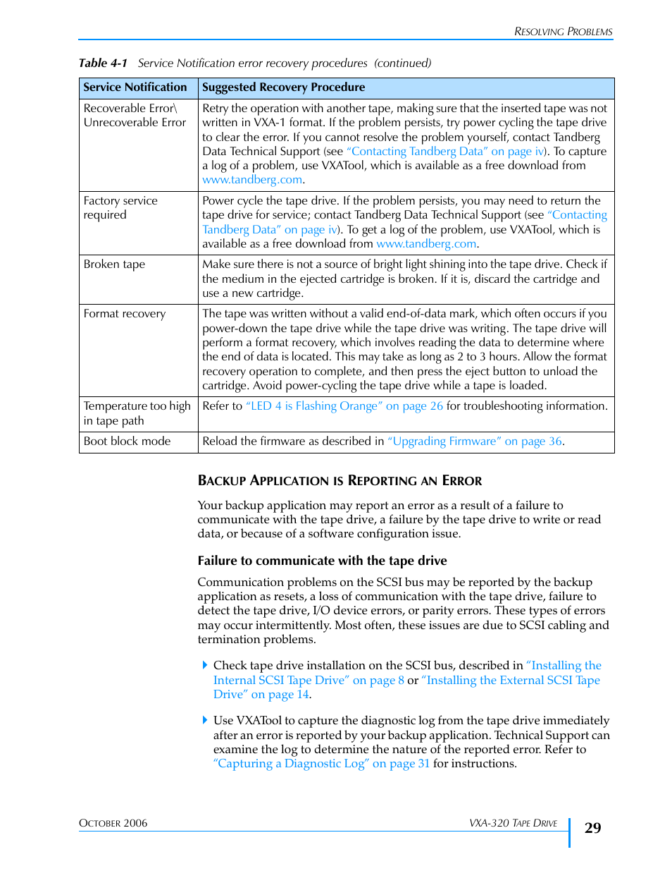 Backup application is reporting an error | Tandberg Data VXA-320 (VXA-3) User Manual | Page 43 / 90