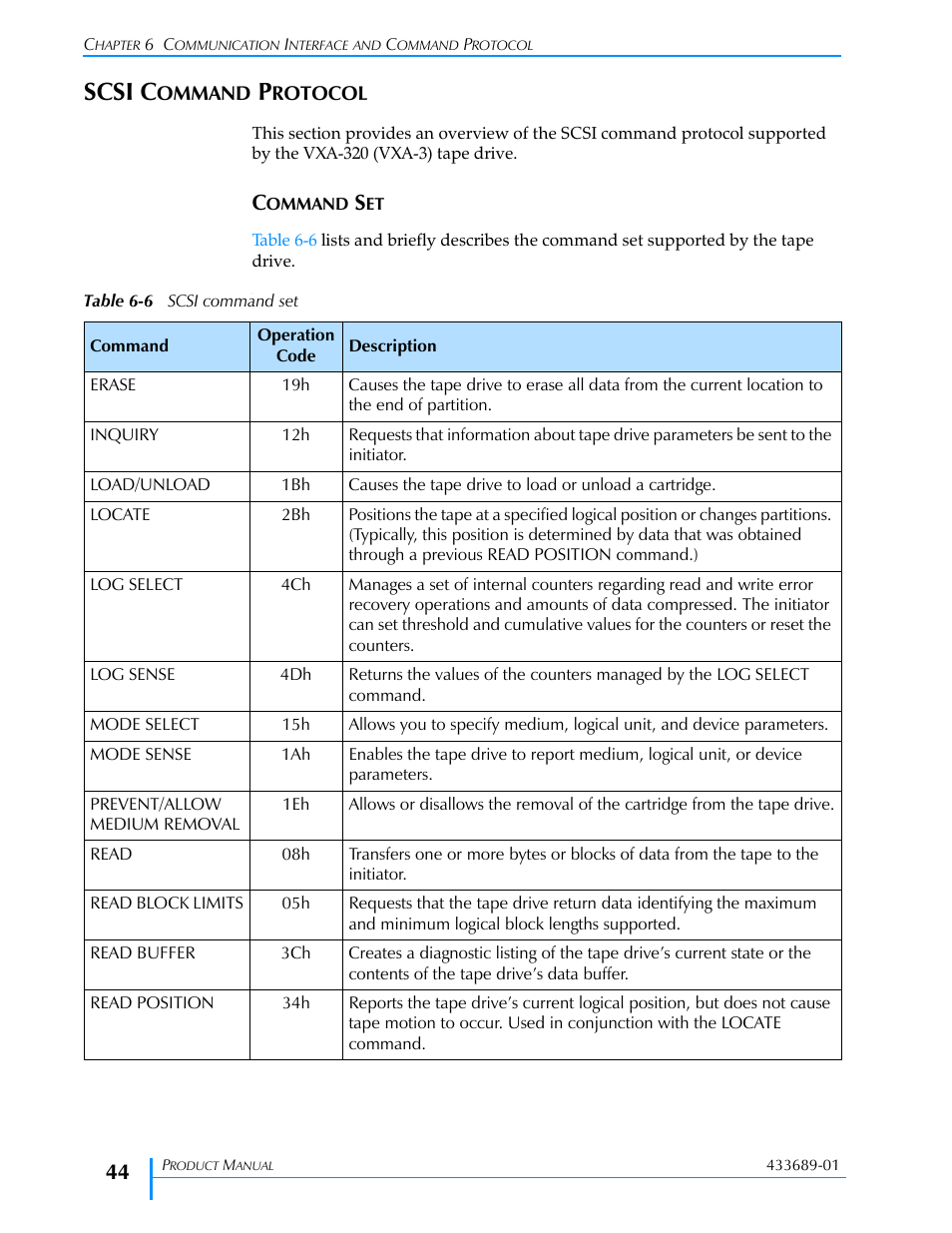 Scsi command protocol, Command set, Table 6-6 | Si bus, Scsi command, Scsi c | Tandberg Data VXA-320 (VXA-3) User Manual | Page 58 / 90