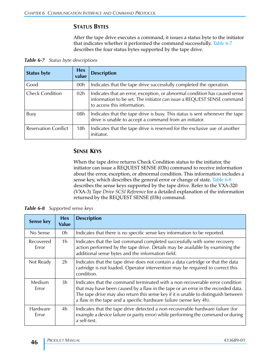 Status bytes, Sense keys, Status bytes sense keys | Table 6-7, Table 6-8 | Tandberg Data VXA-320 (VXA-3) User Manual | Page 60 / 90