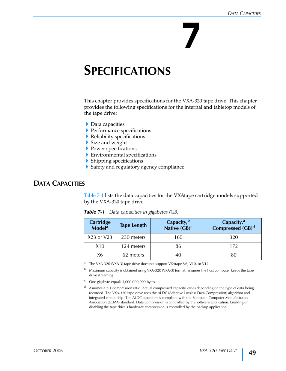 Specifications, Data capacities, Chapter 7 | Table 7-1, Table 7-1 on, Pecifications | Tandberg Data VXA-320 (VXA-3) User Manual | Page 63 / 90