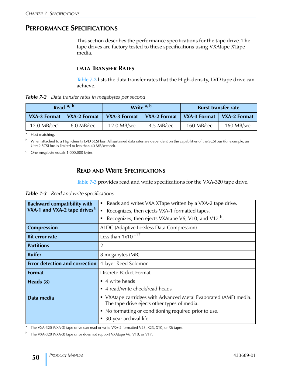 Performance specifications, Data transfer rates, Read and write specifications | Data transfer rates read and write specifications, Table 7-2, Table 7-3 | Tandberg Data VXA-320 (VXA-3) User Manual | Page 64 / 90