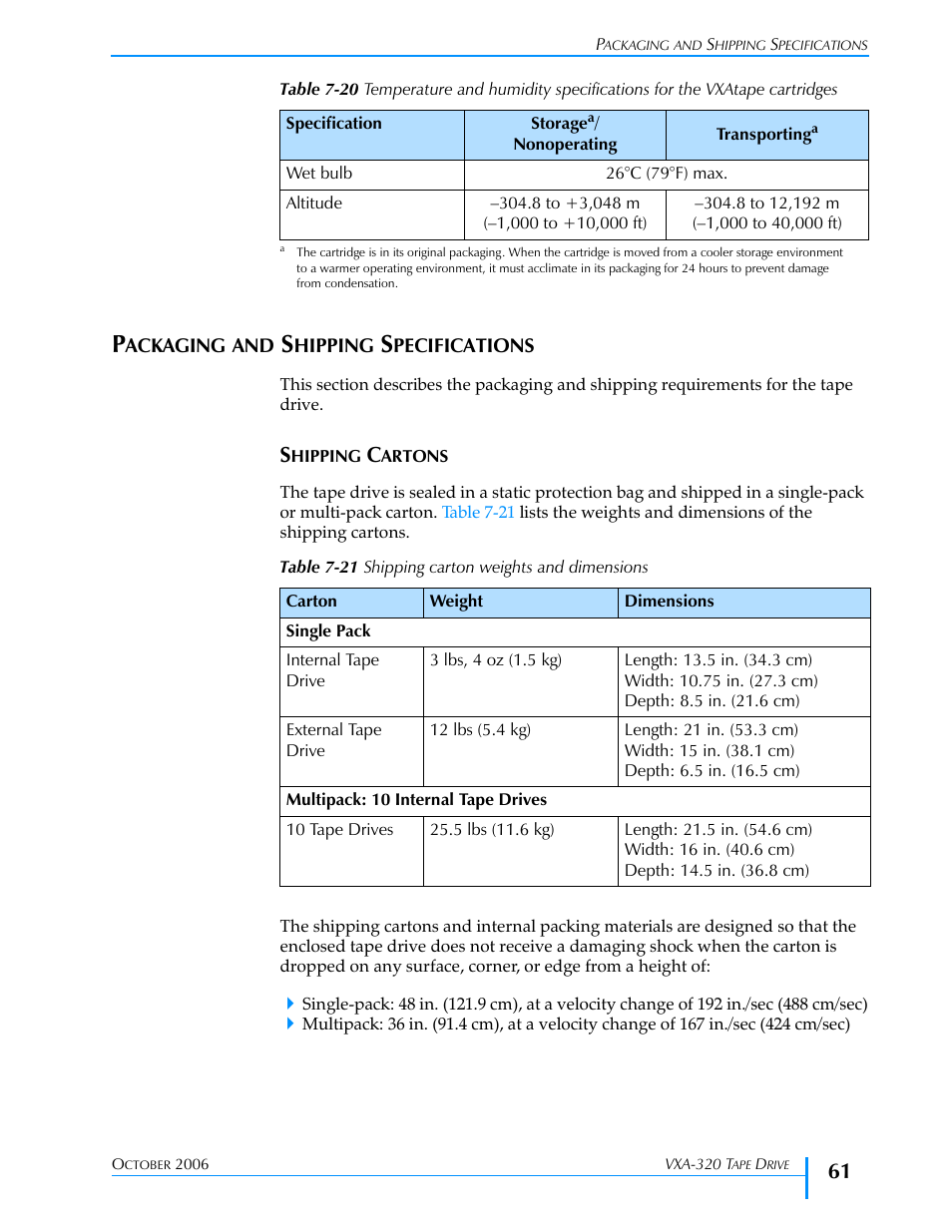 Packaging and shipping specifications, Shipping cartons, Table 7-21 | Tandberg Data VXA-320 (VXA-3) User Manual | Page 75 / 90