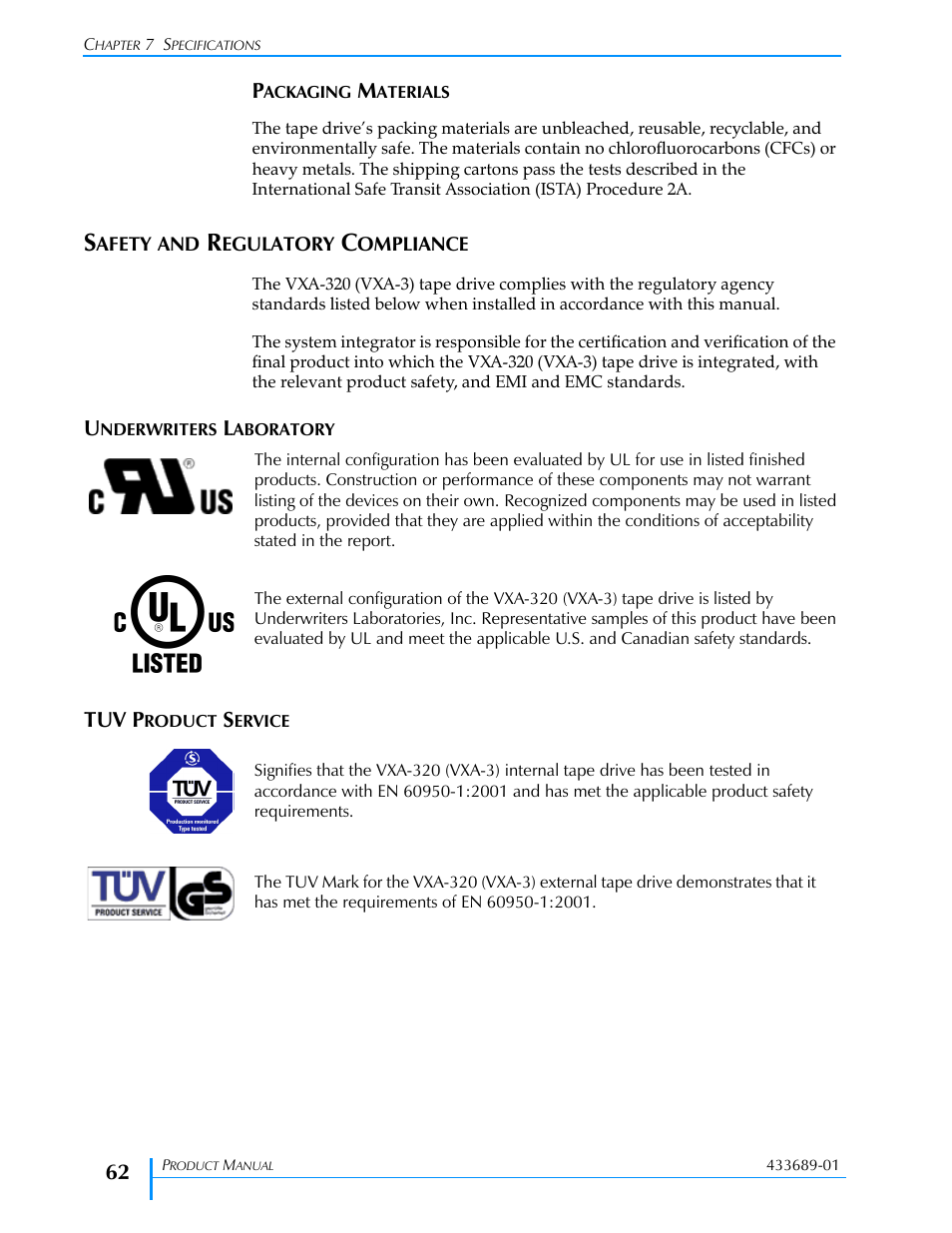 Packaging materials, Safety and regulatory compliance, Underwriters laboratory | Tuv product service, Underwriters laboratory tuv product service | Tandberg Data VXA-320 (VXA-3) User Manual | Page 76 / 90